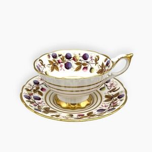 Vintage Royal Stafford Golden Bramble Berries Footed Tea Cup Saucer Gold MINT